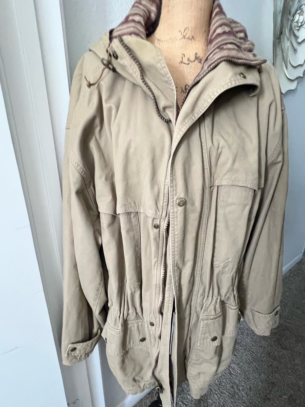 Woolrich Tan Hooded Zip Southwestern Aztec Lined Chore Utility Coat Jacket - Picture 2 of 11
